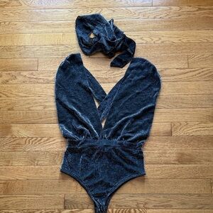 REVOLVE Superdown Shimmering Black Velvet Bodysuit with Scarf